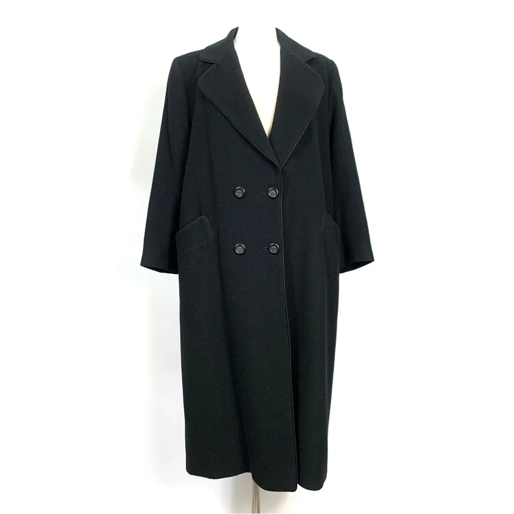 Camel Hair Black Double Breasted Trench Full Length Pea Coat - Picture 5 of 16